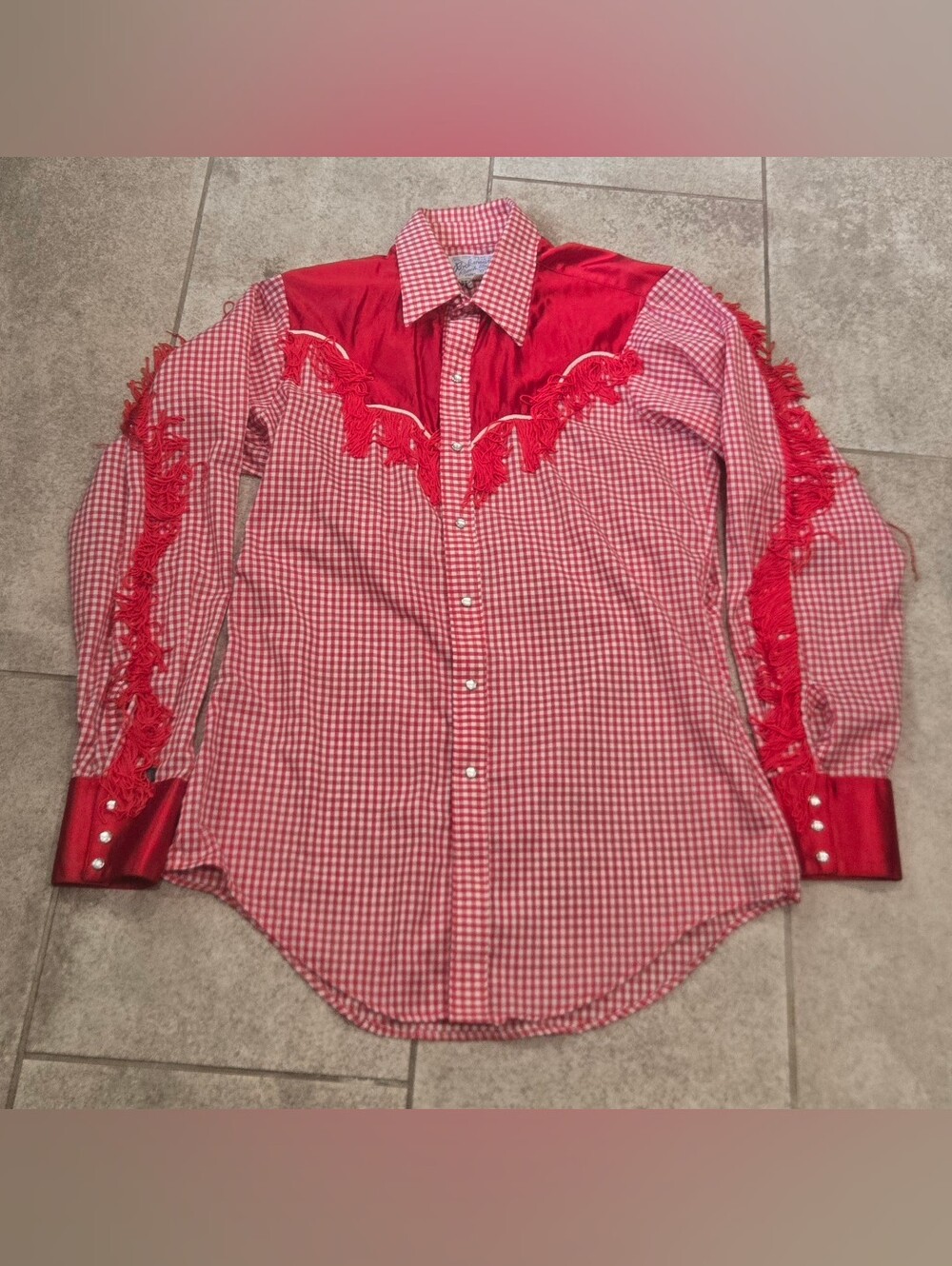Vtg 70s Rockmount Tru West Fringe Western Shirt Red Gingham Pearl Snap Mens 15.5